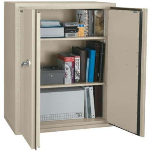 Fireproof storage cabinets for binders, boxed records, and mixed contents