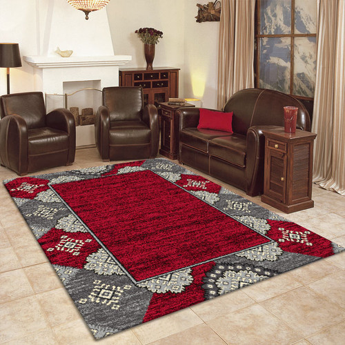 Abi Red Pattern Border Rug - Rugs Express