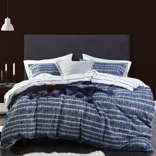 Mari Navy Reversible Flannel Duvet Cover Set by MM Linen