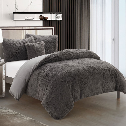 Charcoal Shaggy Fleece Duvet Cover Set by Marlborough