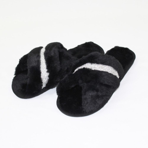 Black Silver Crossover Plush Slippers by Honeydew