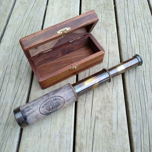 Small Brass Telescope in Timber Box by Backyard