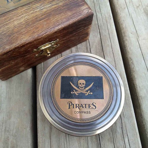 Brass Compass In Timber Box - Pirate by Backyard