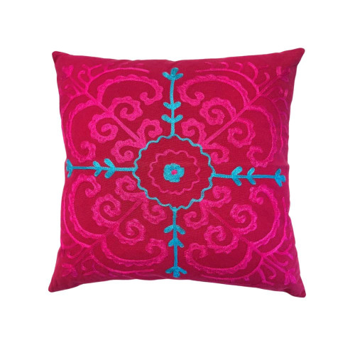 Suzani Fuchsia Pink and Aqua Embroidered Cushion Cover