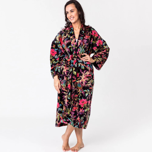 Paradise Black Velvet Kimono Robe