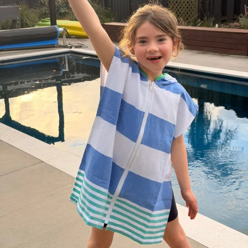 Kids Ezy Towel Blue Green Hooded Poncho with zip by Izzy and Jean