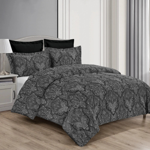 Caspian Comforter Set Black Silver Queen