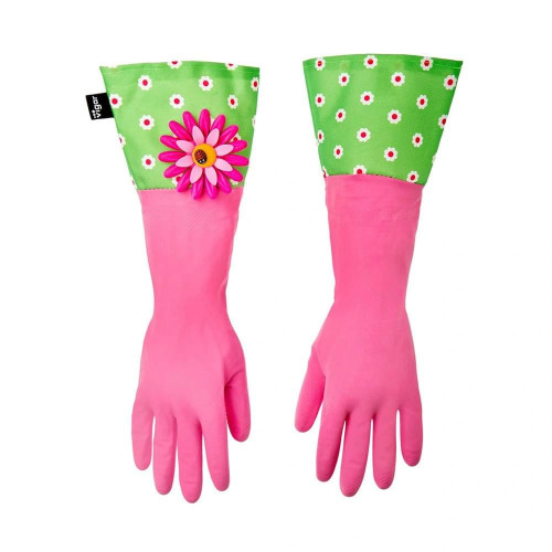 Flower Power Set (Gloves, Pink Dish Brush With Vase, Sponge Holder) by Vigar