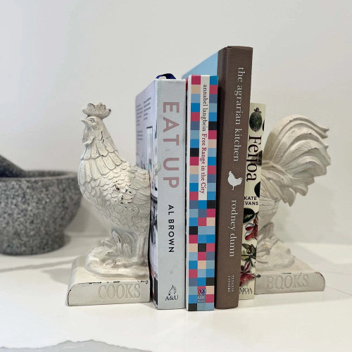 S/2 Country Rooster Bookends French White by Linen & More - 22.2X11X24cm