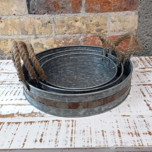 Set of 3 Round Tray Galvanized Rope/Rustic by Vanillaware
