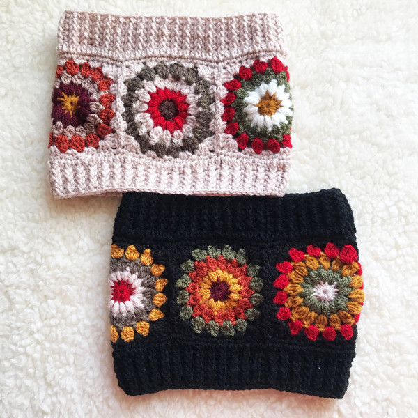 Crochet Snood [Granny Squares Sunburst] Beige or Black