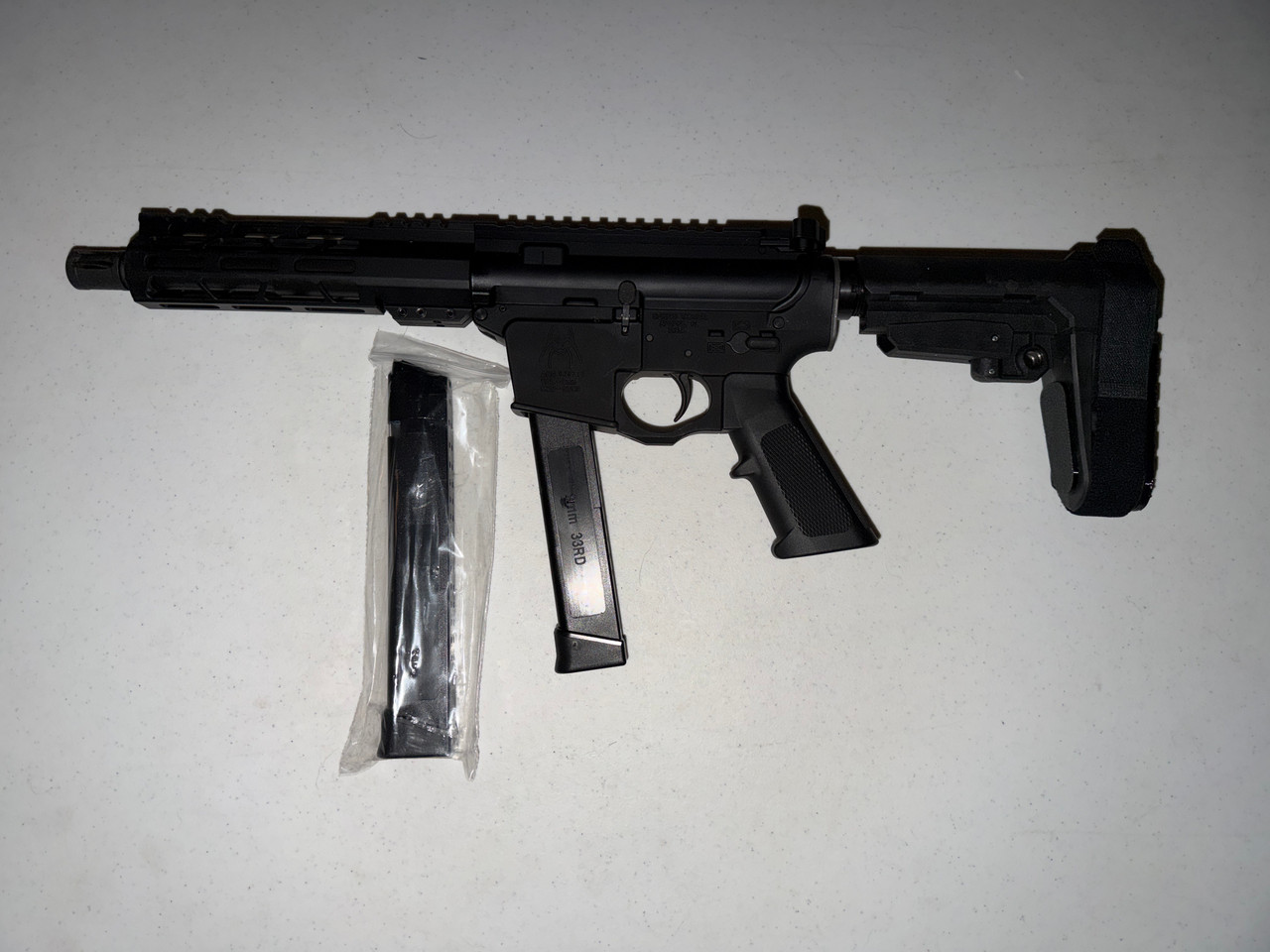 Spikes Tactical ST9G 9mm 7.5" Barrel M-LOK Forend SBA3 Pistol Brace Ambi Charging Handle Spider (New) with Two 33rd Glock Magazines