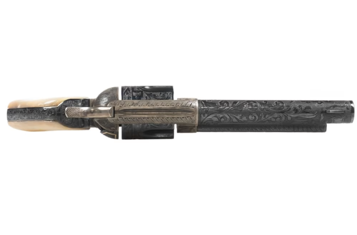 Colt 45 Colt SAA Engraved Single Action Army 5.5" Barrel Pearl Grips Manufactured in 1911 Gold Inlay with Vivid Full Coverage Western Engraving