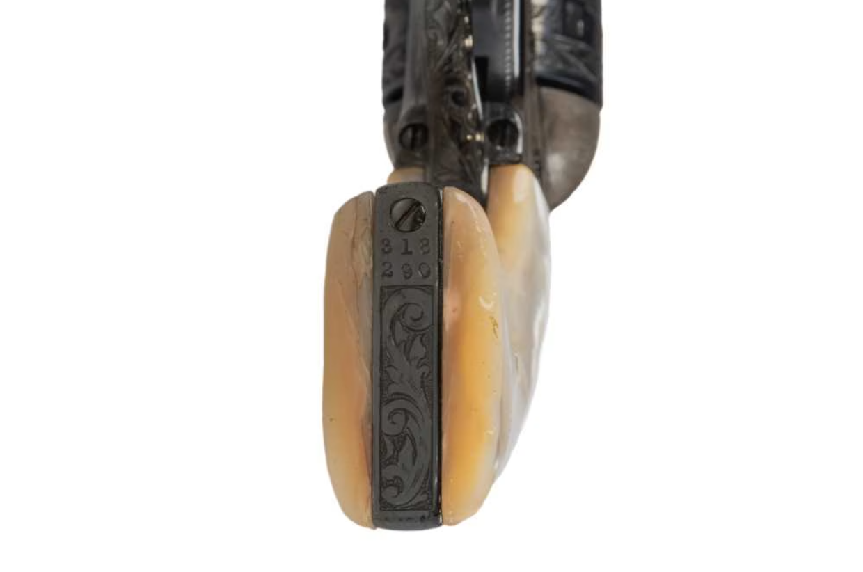 Colt 45 Colt SAA Engraved Single Action Army 5.5" Barrel Pearl Grips Manufactured in 1911 Gold Inlay with Vivid Full Coverage Western Engraving