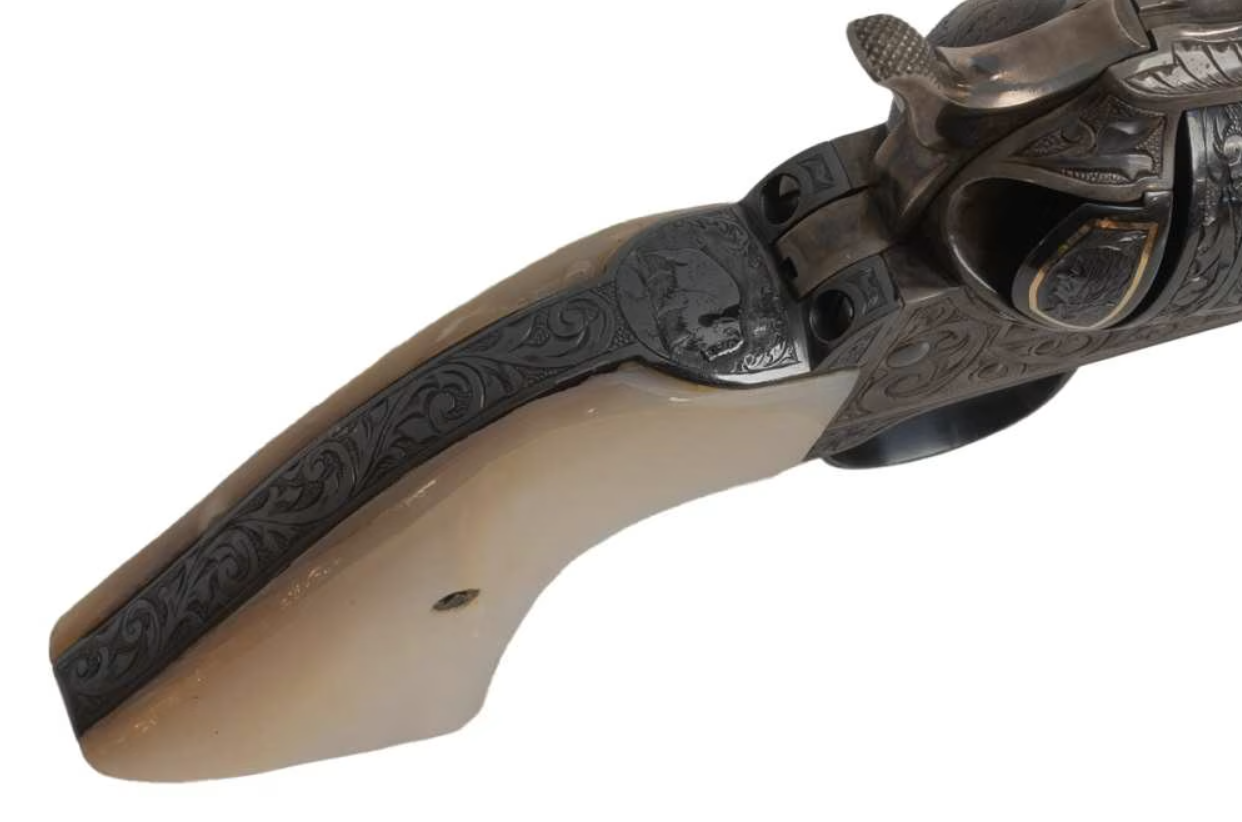 Colt 45 Colt SAA Engraved Single Action Army 5.5" Barrel Pearl Grips Manufactured in 1911 Gold Inlay with Vivid Full Coverage Western Engraving