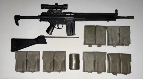 Original HK91 308 Win German Pre-Ban (1981), Hensoldt Wetzlar Scope On Original SchuBrichtung Quick-Connect Claw Mount, Bipod, 2 Stocks, 6 GI Mag Pouches, 13 HK 20rd Mags, GI Cleaning Kit & Green Sniper Bag