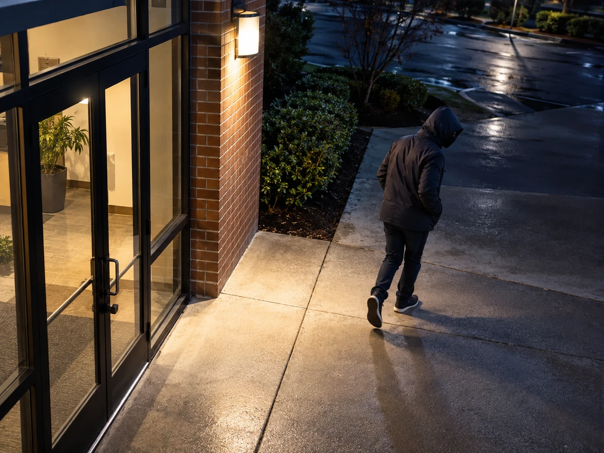 Illustrative security scene showing an anonymous person leaving a monitored business entrance at night