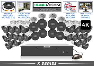 "BACKORDERED UNTIL 3/20" Bullet Security Camera System - 32 4K Security Camera and DVR System - Built-in Microphone / 32HDXMB8-N