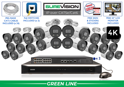4K IP Camera System with 24 Color Night Vision Cameras, Audio, & 32 Channel NVR / 24IPSB8-N