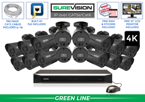 "BLACK KNIGHT" 4K Security Camera System with 16 IP Cameras & Monitor (164 Foot Night Vision)