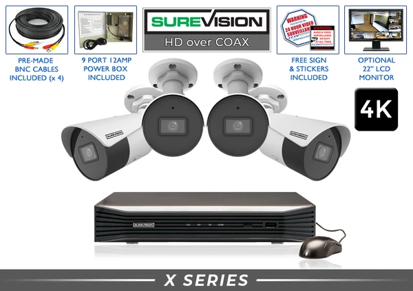 Four camera 4K HD over coax CCTV system with bullet cameras and DVR