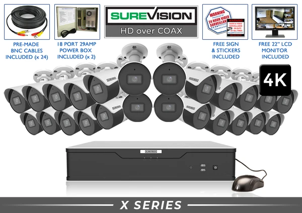 Twenty-four camera 4K HD over coax CCTV system with bullet cameras and DVR
