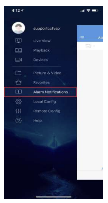 SureVision app menu with alarm notifications option