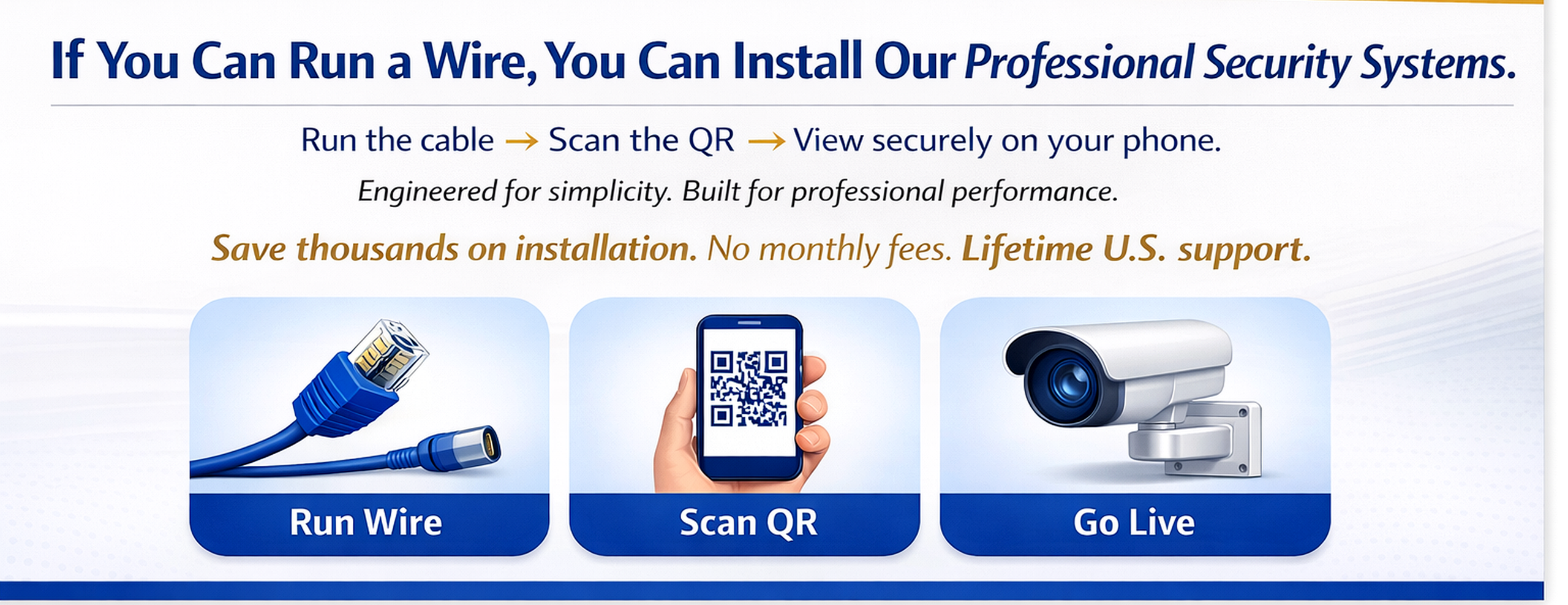 Professional security camera systems easy installation - run wire scan QR go live - no monthly fees - lifetime U.S. support