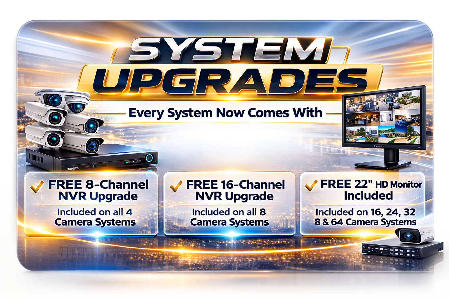 Professional security camera systems with free NVR upgrades and HD monitor included