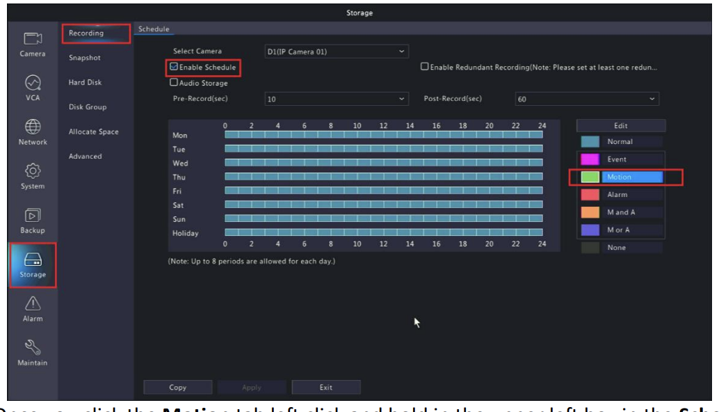 SureVision NVR storage screen with enable schedule and motion tab