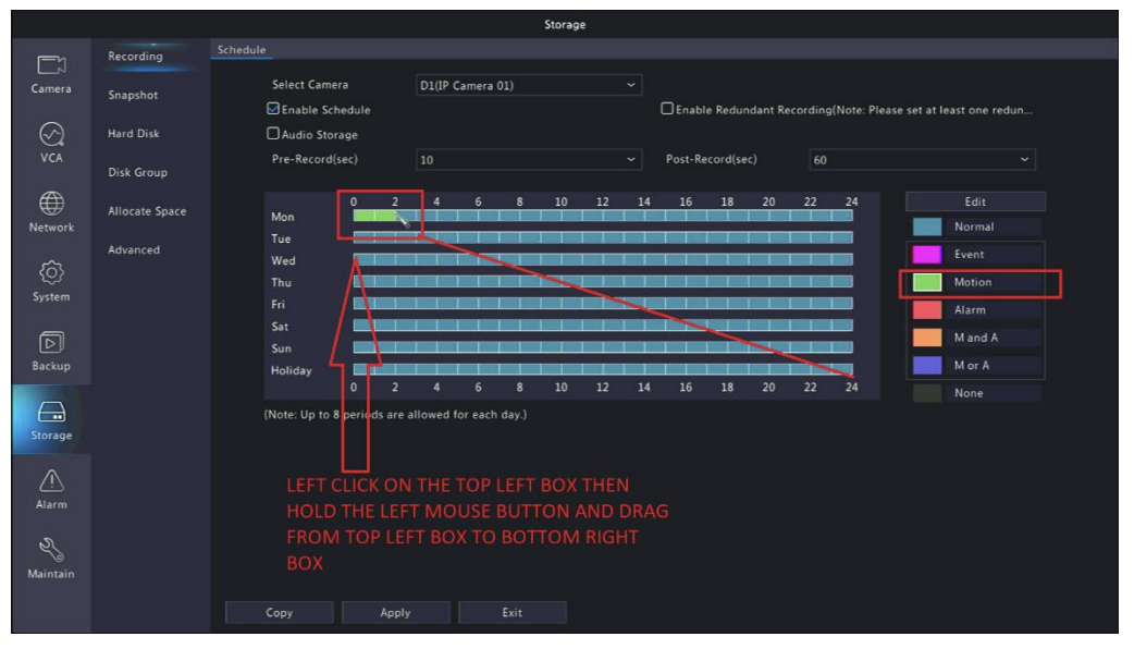 Dragging across the motion schedule grid on a SureVision NVR