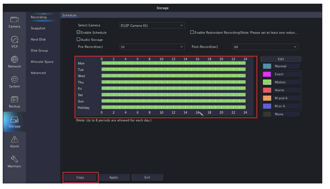 Green motion schedule on a SureVision NVR