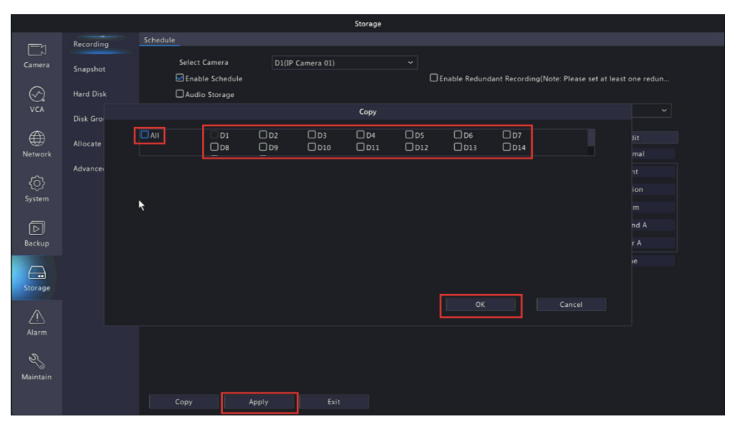 SureVision NVR copy motion schedule screen with all cameras option and apply button