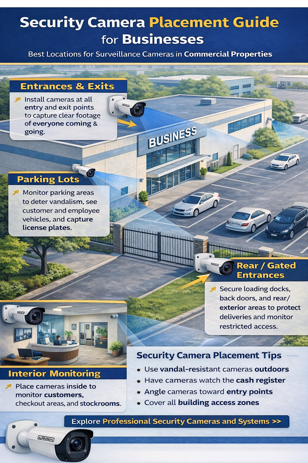 Security camera placement diagram for businesses showing parking lot, entrance, and perimeter surveillance