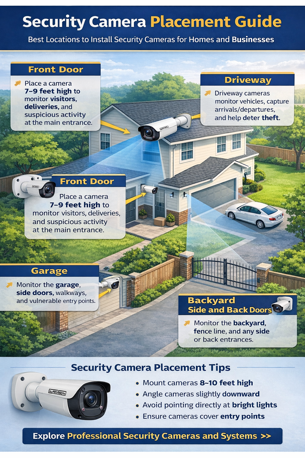 Security camera placement diagram for homes showing driveway, front door, backyard, and garage surveillance