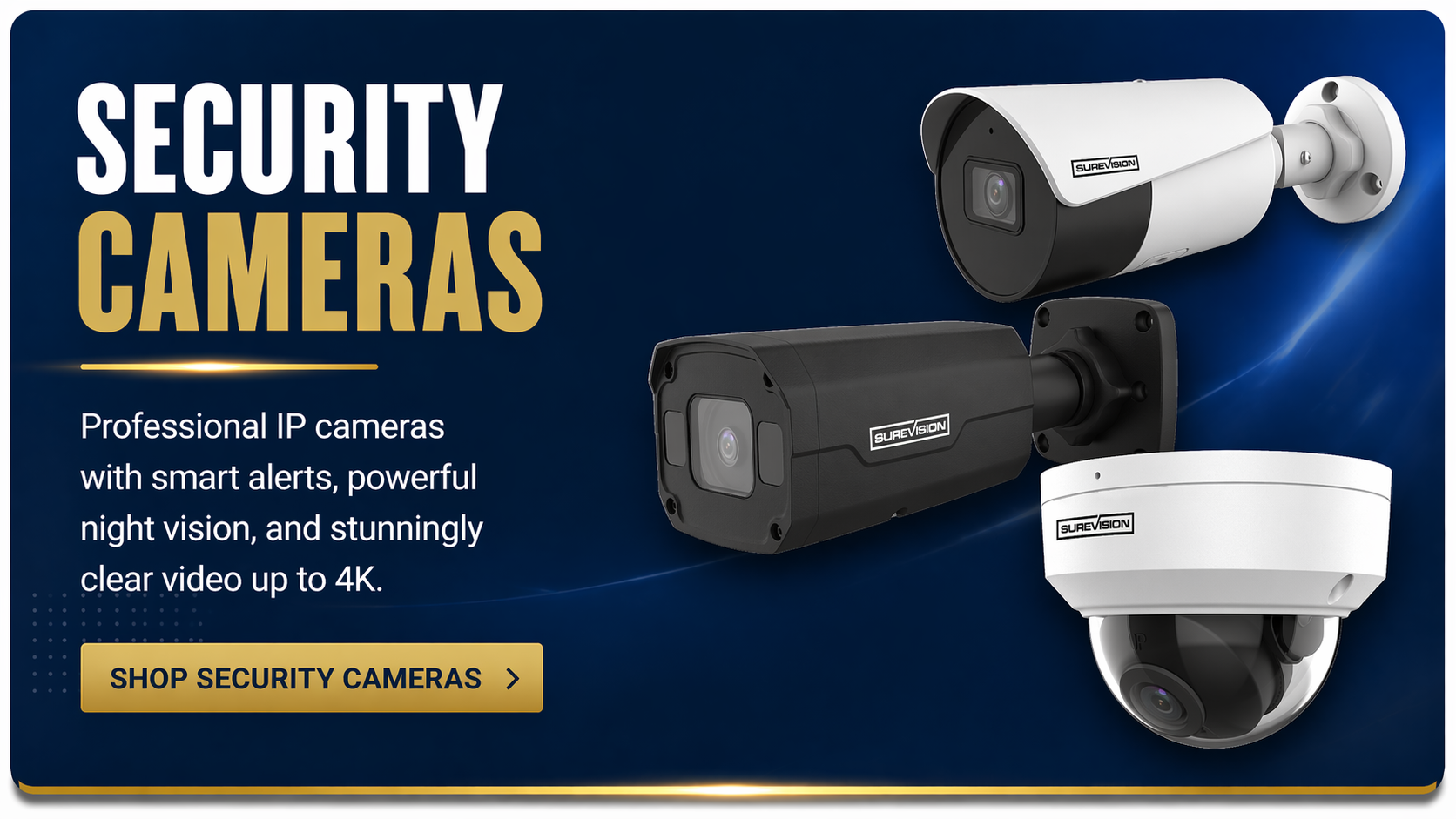 Security Cameras — professional IP cameras with smart alerts, powerful night vision, and stunningly clear video up to 4K