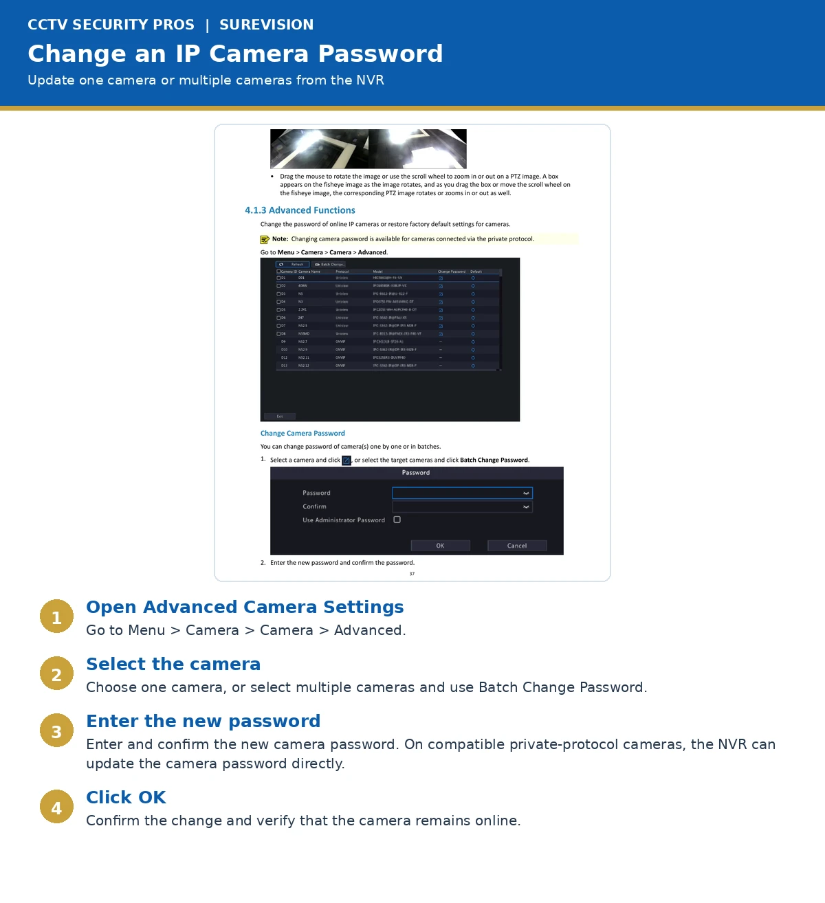 SureVision change IP security camera password walkthrough