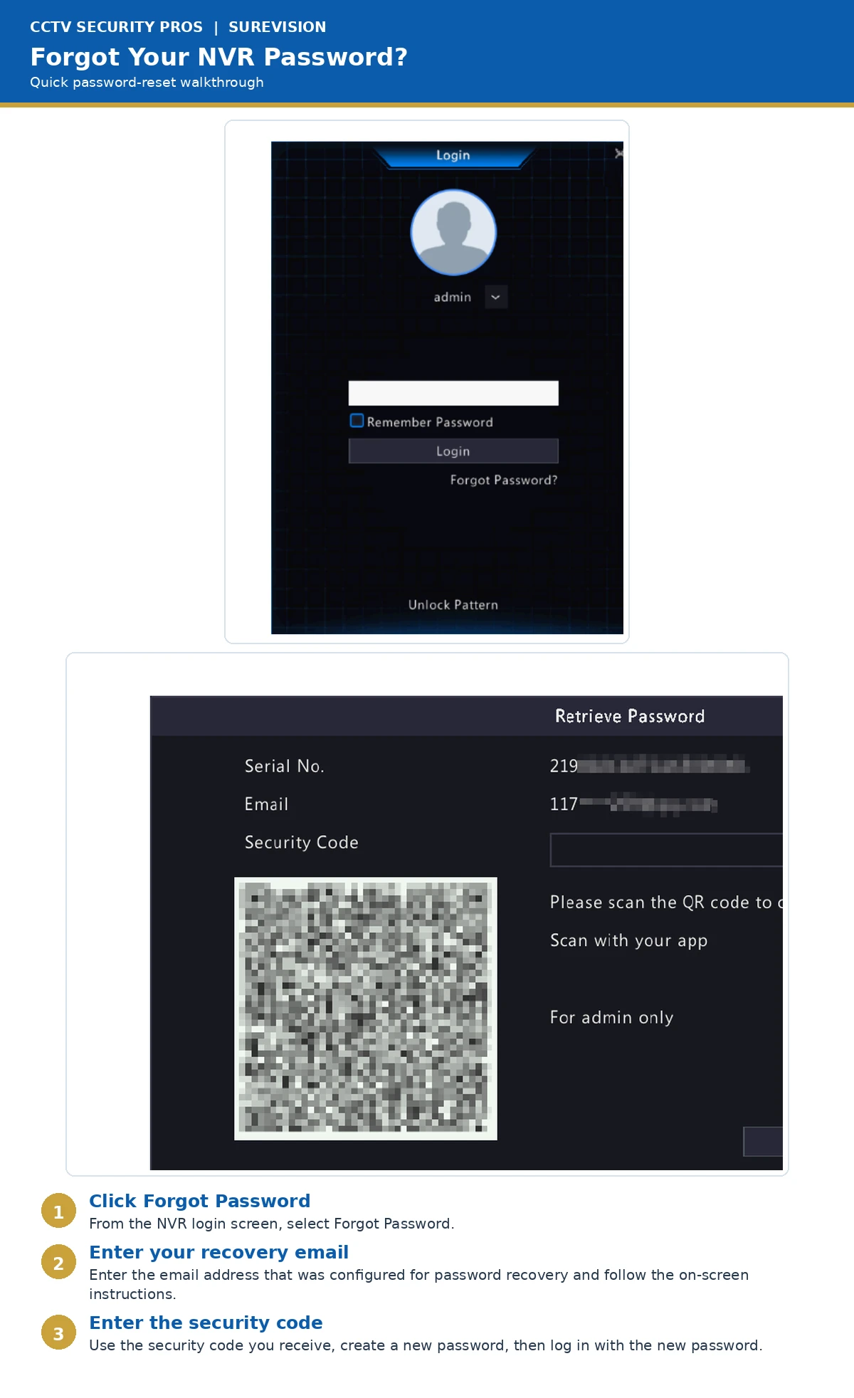 SureVision NVR forgot password and password reset walkthrough