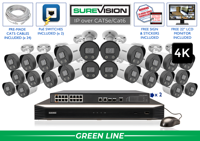 NEW PRODUCT ALERT! SureVision Complete 24 Camera 4K IP Camera System with Full Color at Night and 2 Way Audio / 24IPSB8-N NEW PRODUCT ALERT! SureVision Complete 24 Camera 4K IP Camera System with Full Color at Night and 2 Way Audio / 24IPSB8-N