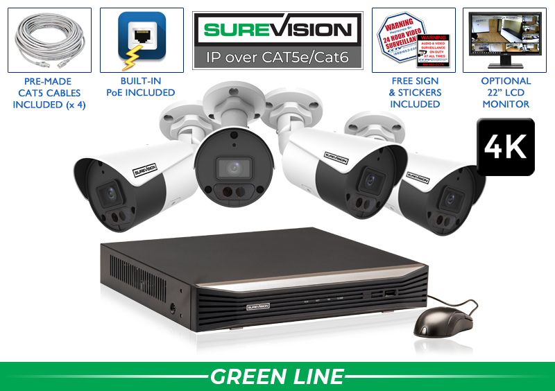 4K Security Camera System with 4 HD IP Cameras with 8 Channel NVR - Audio - Night Vision/ 4IPBA8-N
