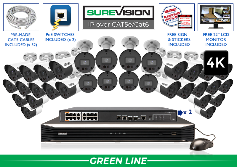 Featured 4K Security Camera System with 32 Cameras - Microphone - Color Night Vision / 32IPBA8-N Featured 4K Security Camera System with 32 Cameras - Microphone - Color Night Vision / 32IPBA8-N