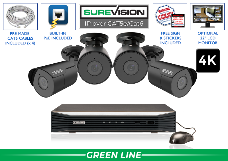 TOP SELLER - (4K) 4 Camera IP System with 4 Bullet Security Cameras with 164 Foot Night Vision/ 4IPBA8-B-N