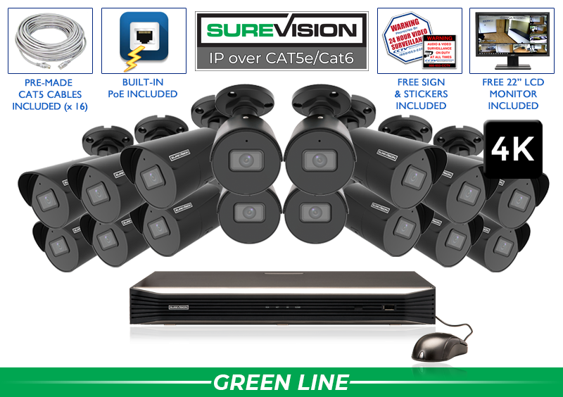 "BLACK KNIGHT" 4K Security Camera System with 16 IP Cameras & Monitor (164 Foot Night Vision)
