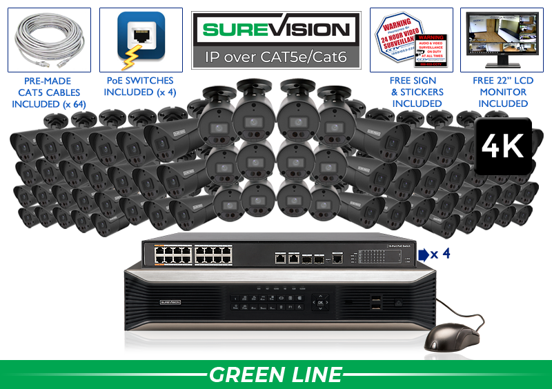 "BLACK KNIGHT" Business 4K Security Camera System with 64 IP Cameras and Monitor 