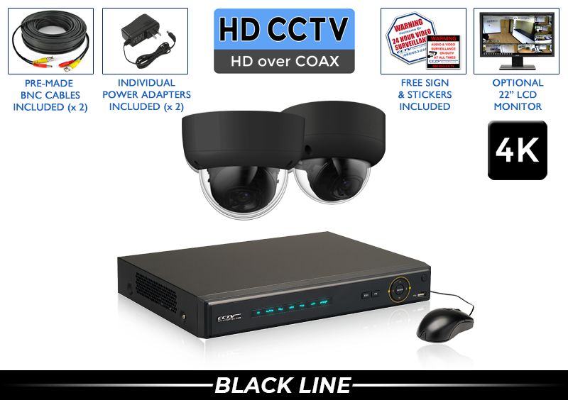4K Ultra High Definition CCTV System with 2 Black Vandal Dome Cameras / 2PROCVIMD8-B-S