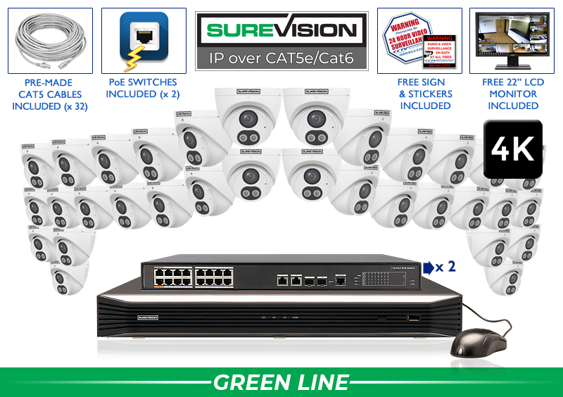 Complete 32 Infrared Bullet 4K Camera IP Camera System with Full Color at Night and Audio / 32IPTA8-N Complete 32 Infrared Bullet 4K Camera IP Camera System with Full Color at Night and Audio / 32IPTA8-N