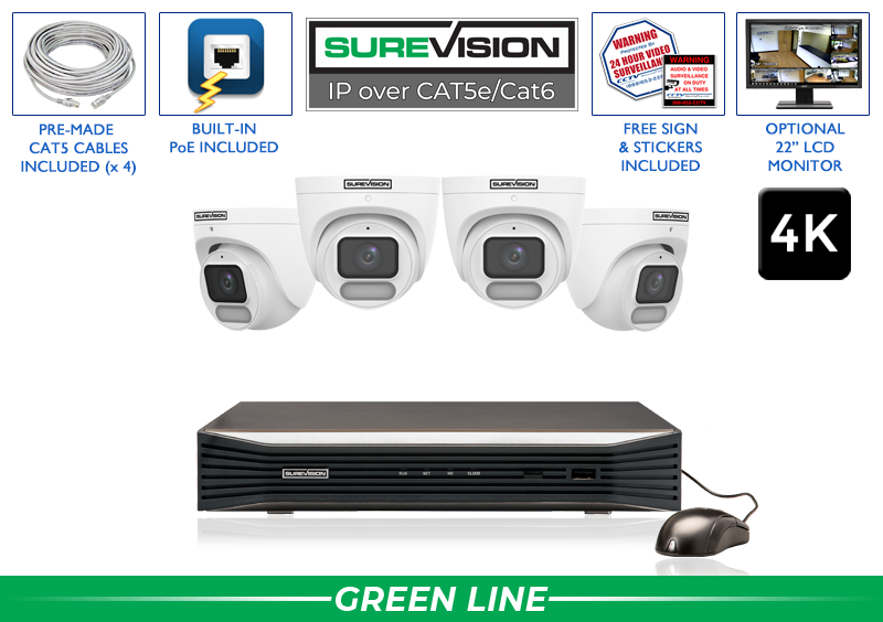 Security Camera System with 4 4K IP Cameras with COLOR Day and Night Performance