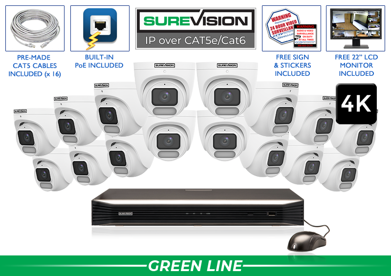 Security Camera System with 16 4K IP Cameras with COLOR Day and Night Performance