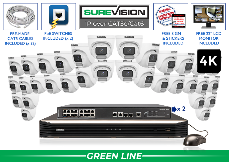 Security Camera System with 32 4K IP Cameras with COLOR Day and Night Performance