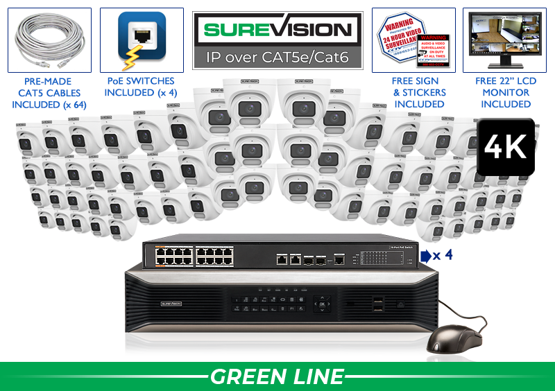 Security Camera System with 64 4K IP Cameras with COLOR Day and Night Performance